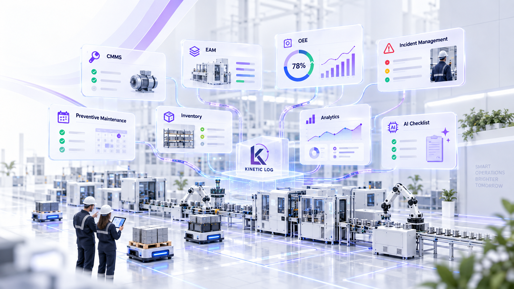 Kinetic Log smart factory ecosystem connecting CMMS, EAM, OEE, inventory, analytics and AI