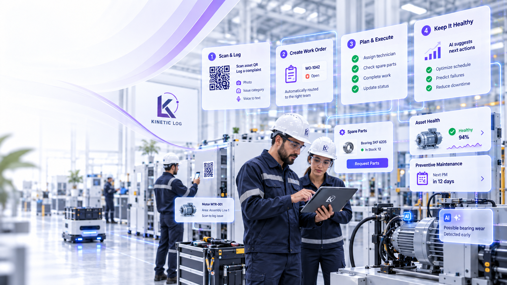 Maintenance technicians using connected digital workflows in a smart factory
